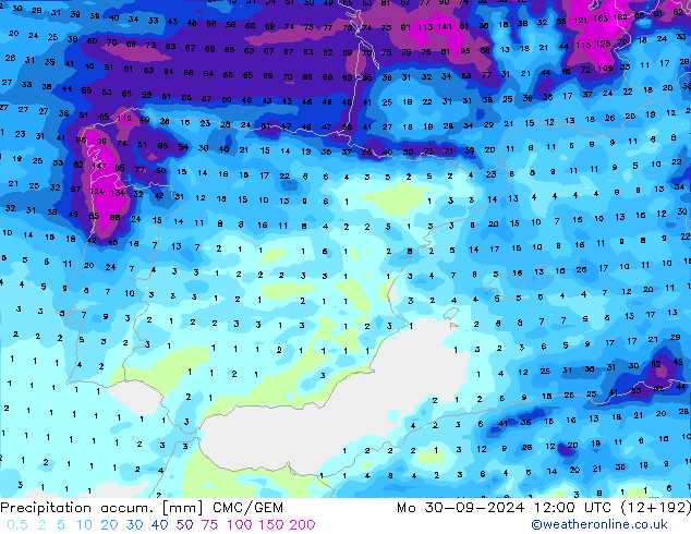 Precipitation accum. CMC/GEM пн 30.09.2024 12 UTC