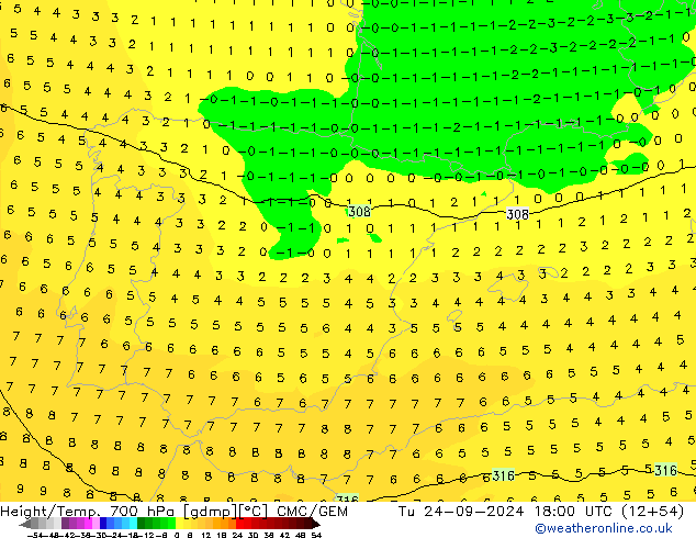 Height/Temp. 700 hPa CMC/GEM wto. 24.09.2024 18 UTC