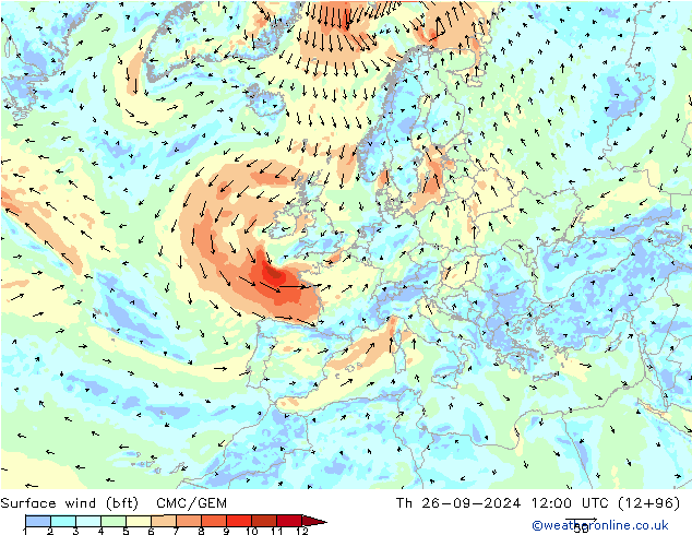 Surface wind (bft) CMC/GEM Th 26.09.2024 12 UTC