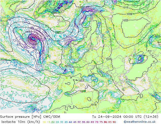 Isotachs (kph) CMC/GEM mar 24.09.2024 00 UTC