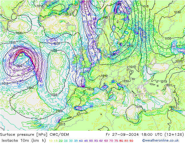 Isotachs (kph) CMC/GEM пт 27.09.2024 18 UTC