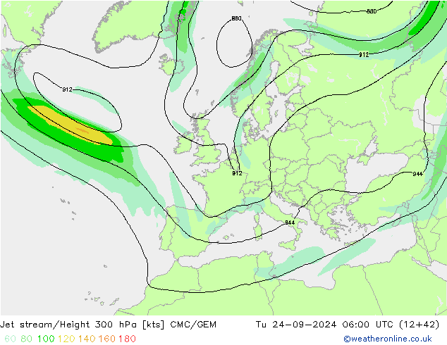 Jet stream/Height 300 hPa CMC/GEM Tu 24.09.2024 06 UTC