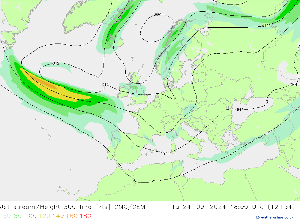 Jet stream/Height 300 hPa CMC/GEM Út 24.09.2024 18 UTC