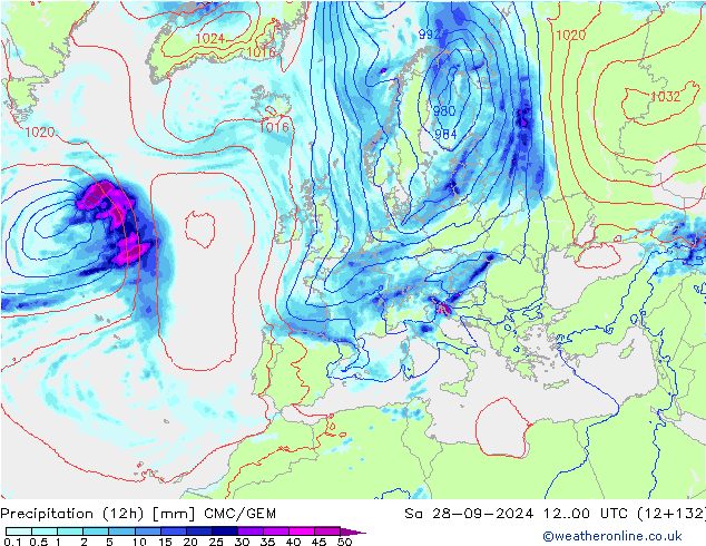 осадки (12h) CMC/GEM сб 28.09.2024 00 UTC