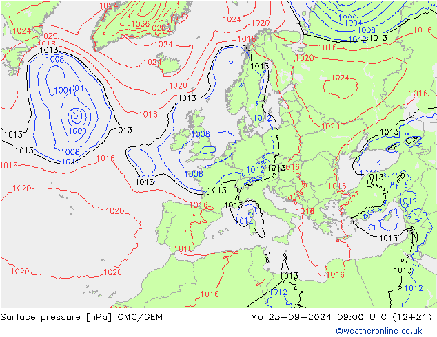 Atmosférický tlak CMC/GEM Po 23.09.2024 09 UTC