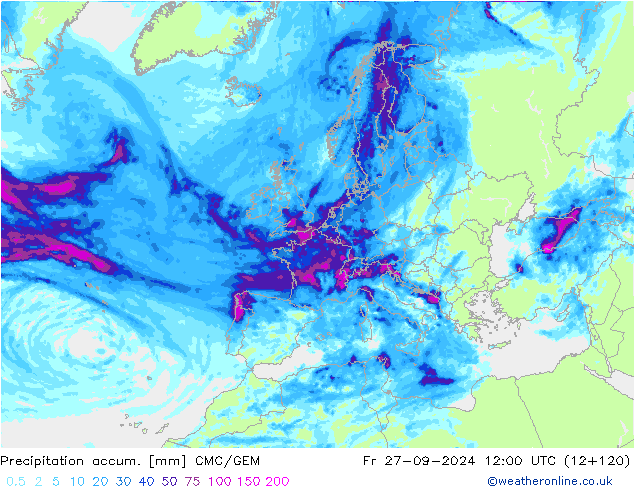 Totale neerslag CMC/GEM vr 27.09.2024 12 UTC