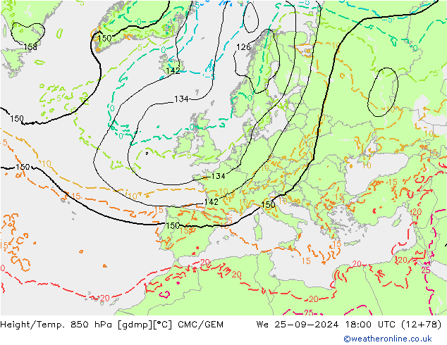 Yükseklik/Sıc. 850 hPa CMC/GEM Çar 25.09.2024 18 UTC