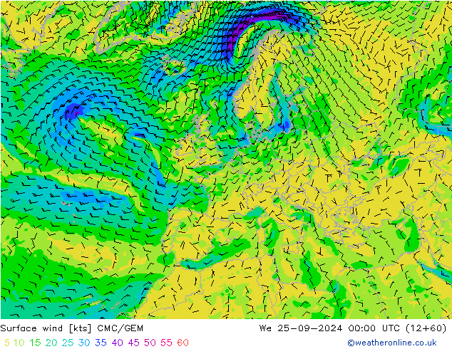 Viento 10 m CMC/GEM mié 25.09.2024 00 UTC