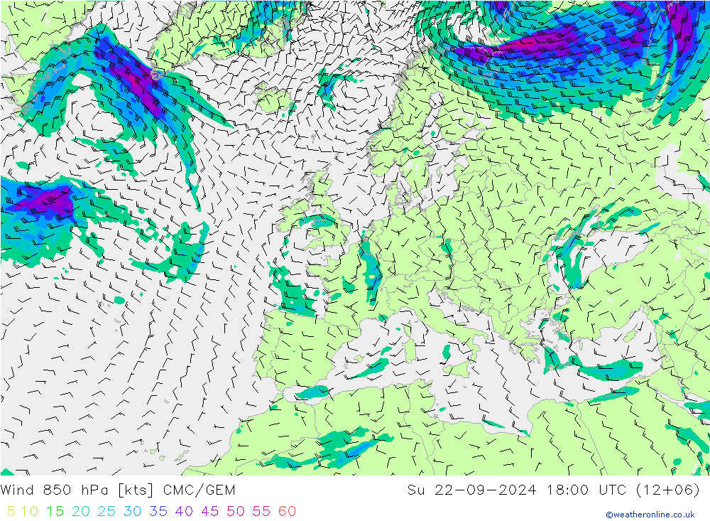 风 850 hPa CMC/GEM 星期日 22.09.2024 18 UTC