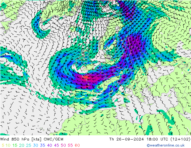 Wind 850 hPa CMC/GEM Th 26.09.2024 18 UTC