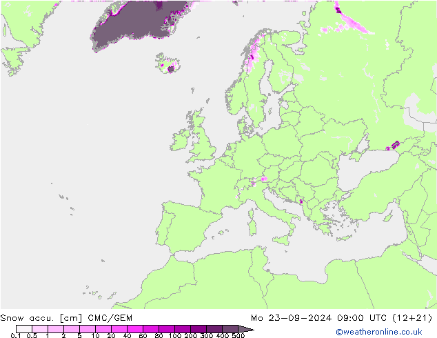 Snow accu. CMC/GEM Po 23.09.2024 09 UTC