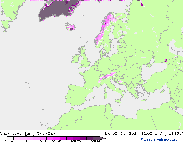 Snow accu. CMC/GEM Mo 30.09.2024 12 UTC