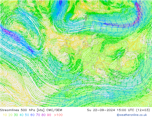 Stromlinien 500 hPa CMC/GEM So 22.09.2024 15 UTC