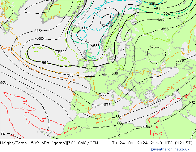 Height/Temp. 500 hPa CMC/GEM Út 24.09.2024 21 UTC