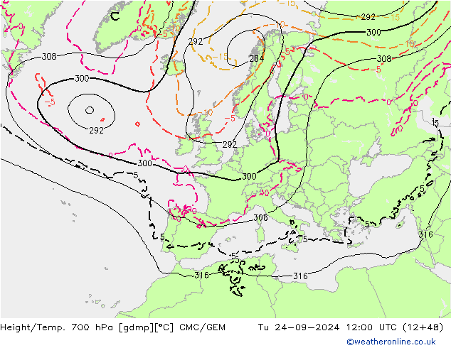 Hoogte/Temp. 700 hPa CMC/GEM di 24.09.2024 12 UTC