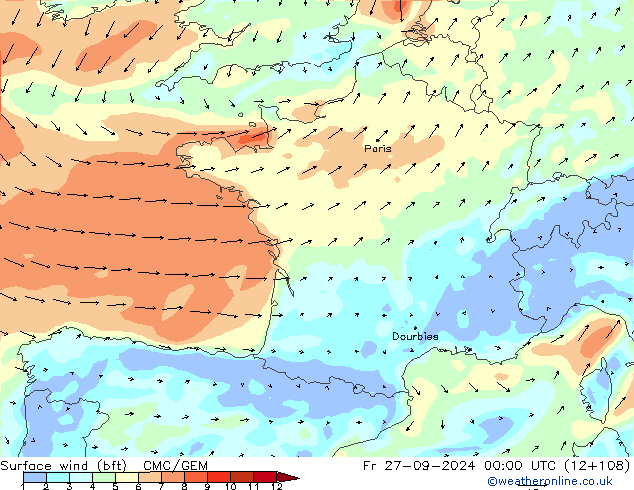 Surface wind (bft) CMC/GEM Fr 27.09.2024 00 UTC