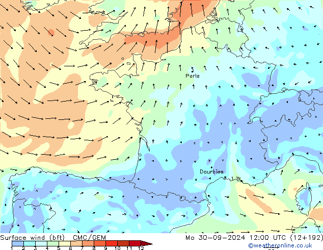 ве�Bе�@ 10 m (bft) CMC/GEM пн 30.09.2024 12 UTC