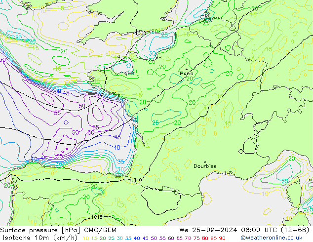 Isotachen (km/h) CMC/GEM wo 25.09.2024 06 UTC