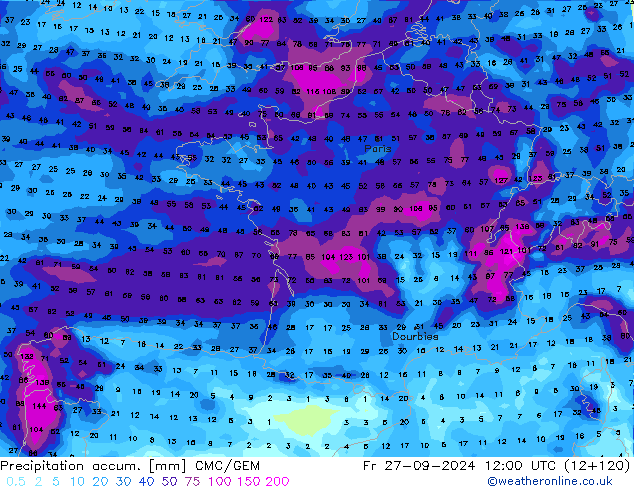 Precipitación acum. CMC/GEM vie 27.09.2024 12 UTC