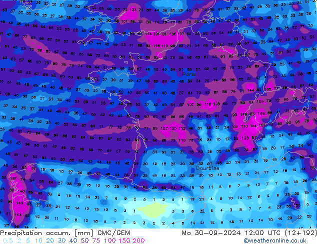 Precipitation accum. CMC/GEM пн 30.09.2024 12 UTC