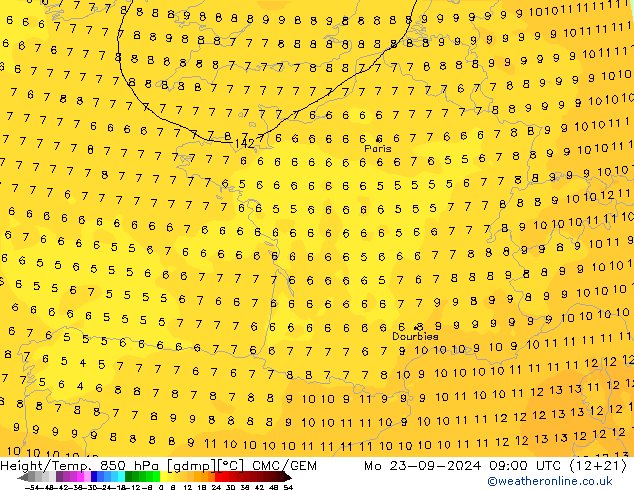 Height/Temp. 850 hPa CMC/GEM lun 23.09.2024 09 UTC