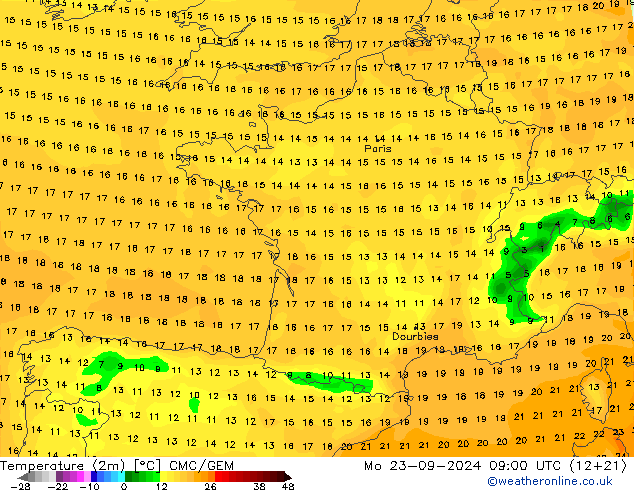 Temperatura (2m) CMC/GEM Seg 23.09.2024 09 UTC