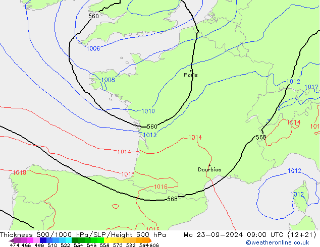 Theta-e 850hPa CMC/GEM lun 23.09.2024 09 UTC