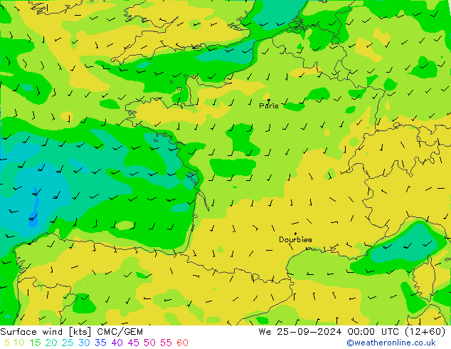 Viento 10 m CMC/GEM mié 25.09.2024 00 UTC