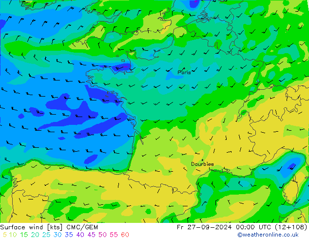 Surface wind CMC/GEM Fr 27.09.2024 00 UTC