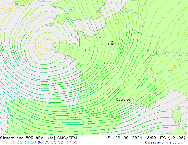 Stromlinien 500 hPa CMC/GEM So 22.09.2024 18 UTC