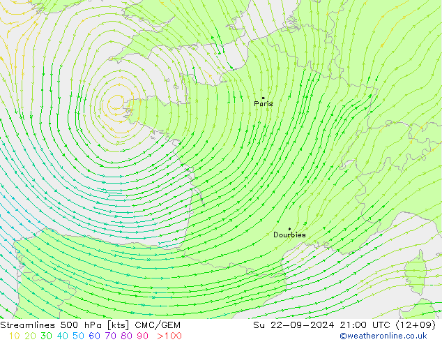 Linha de corrente 500 hPa CMC/GEM Dom 22.09.2024 21 UTC