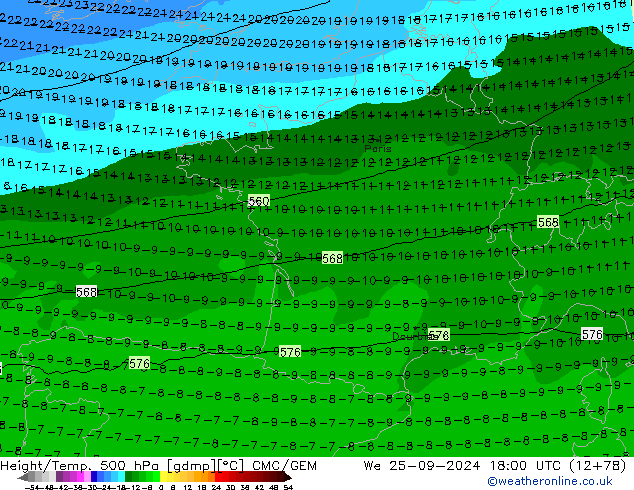 Yükseklik/Sıc. 500 hPa CMC/GEM Çar 25.09.2024 18 UTC