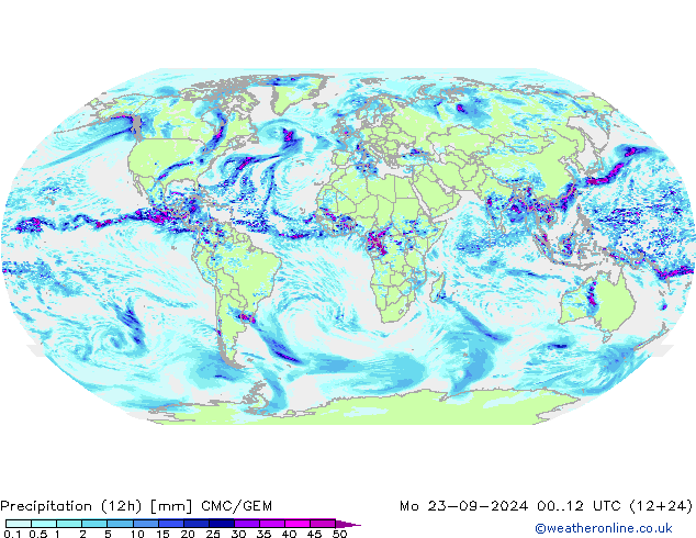 Precipitation (12h) CMC/GEM Mo 23.09.2024 12 UTC