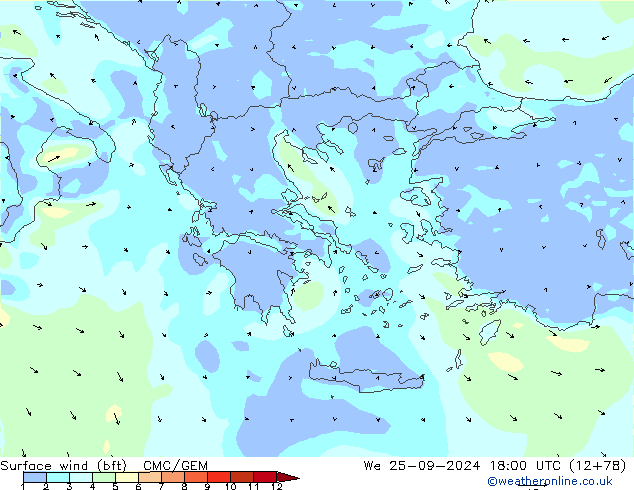 Surface wind (bft) CMC/GEM St 25.09.2024 18 UTC