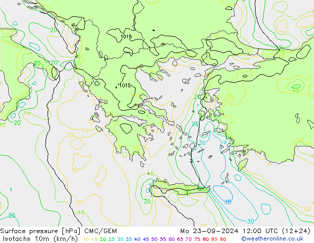 Isotachs (kph) CMC/GEM  23.09.2024 12 UTC