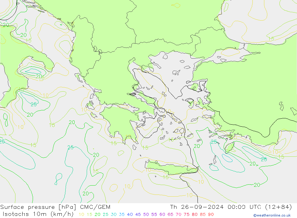 Isotachs (kph) CMC/GEM  26.09.2024 00 UTC