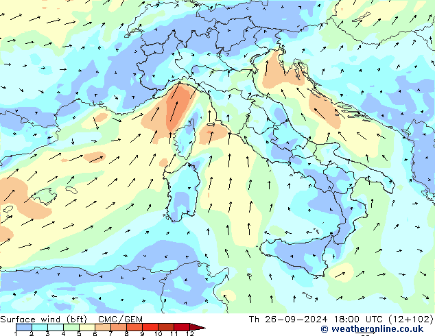 Vento 10 m (bft) CMC/GEM Qui 26.09.2024 18 UTC