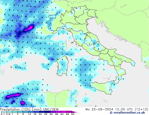 Precipitación (12h) CMC/GEM lun 23.09.2024 00 UTC