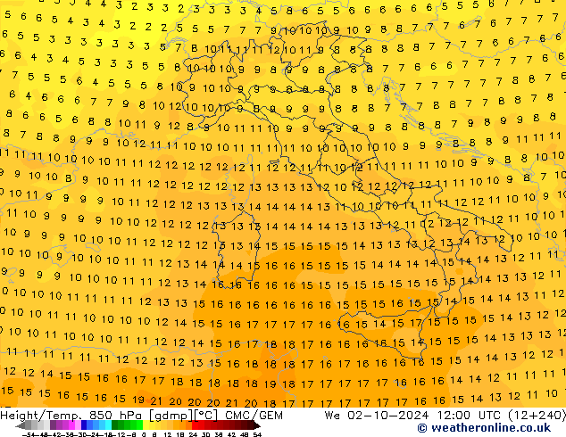 Geop./Temp. 850 hPa CMC/GEM mié 02.10.2024 12 UTC