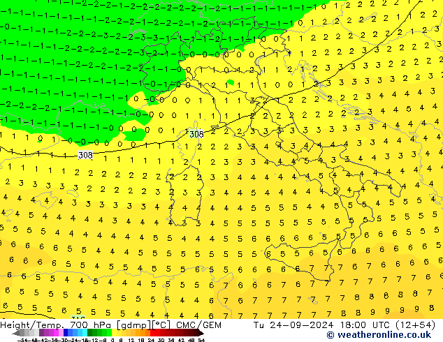 Height/Temp. 700 hPa CMC/GEM wto. 24.09.2024 18 UTC