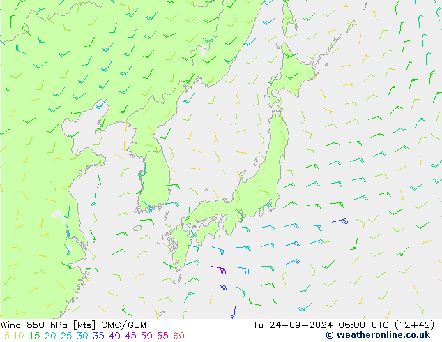 Wind 850 hPa CMC/GEM di 24.09.2024 06 UTC