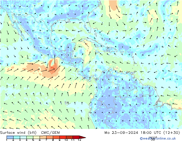 Surface wind (bft) CMC/GEM Mo 23.09.2024 18 UTC