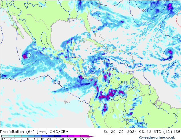 Totale neerslag (6h) CMC/GEM zo 29.09.2024 12 UTC