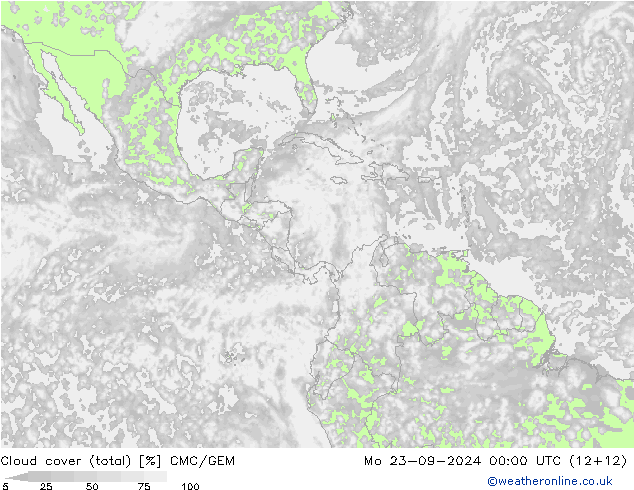 Cloud cover (total) CMC/GEM Mo 23.09.2024 00 UTC