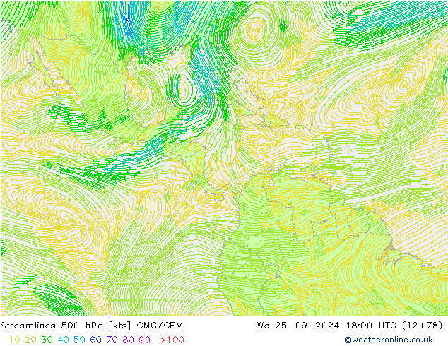 Streamlines 500 hPa CMC/GEM We 25.09.2024 18 UTC