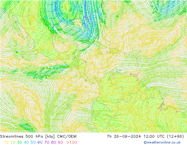 Streamlines 500 hPa CMC/GEM Čt 26.09.2024 12 UTC