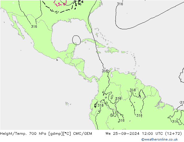 Height/Temp. 700 hPa CMC/GEM śro. 25.09.2024 12 UTC