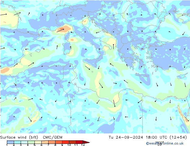 Vento 10 m (bft) CMC/GEM mar 24.09.2024 18 UTC