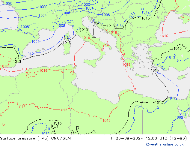 Atmosférický tlak CMC/GEM Čt 26.09.2024 12 UTC