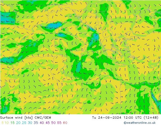 Vent 10 m CMC/GEM mar 24.09.2024 12 UTC